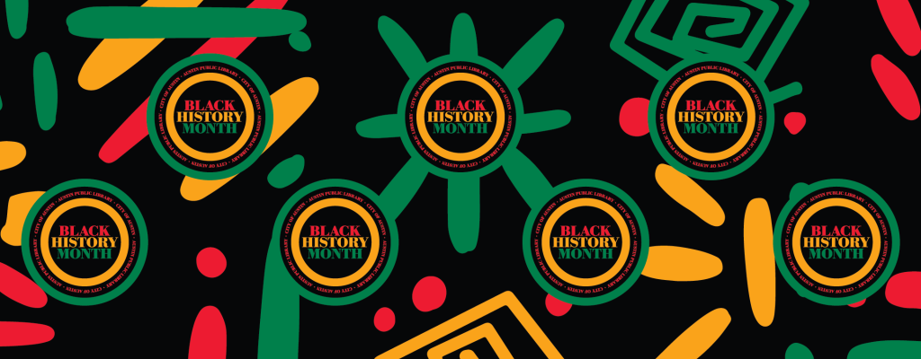 The 2025 Black History Month Logo is a green circle with an inset yellow circle, with a black background, and type that reads "Black History Month" in red, green and yellow- as a pattern over a image of African art and clothing pattern inspired graphics