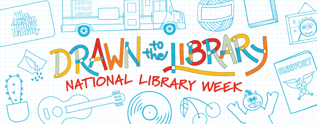 Drawn to the Library logo with icons
