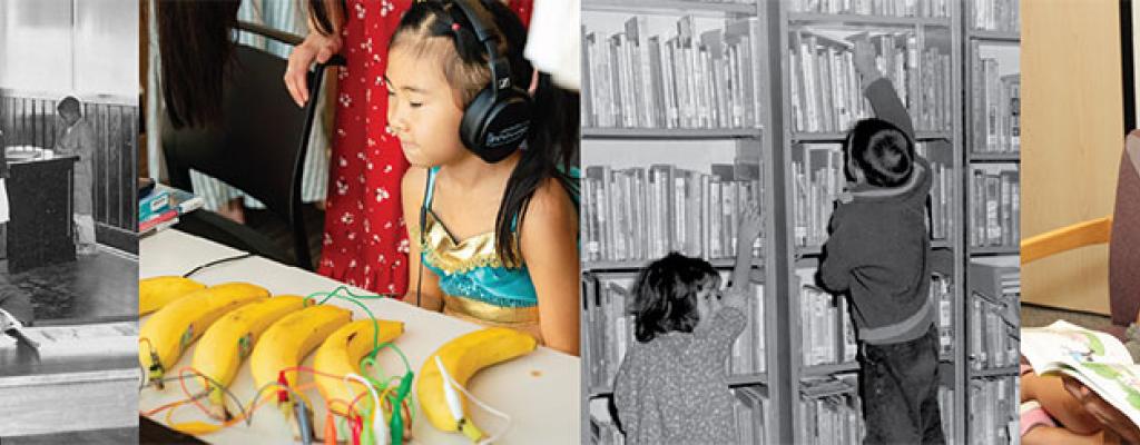 historic image of man sitting in library reading, girl with banana sound experiment, historic image of kids reaching for books, recent image of dad reading to daughter