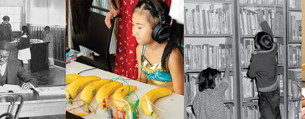historic image of man sitting in library reading, girl with banana sound experiment, historic image of kids reaching for books, recent image of dad reading to daughter