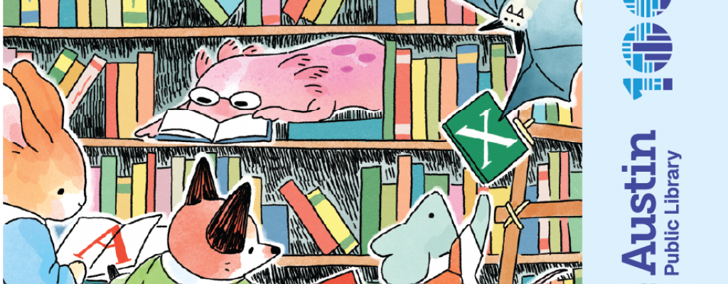 Austin Library Card with animals reading books 