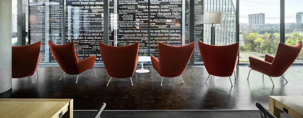 view looking out the Reading Room windows at the 2D sculpture on the outside of the Central Library