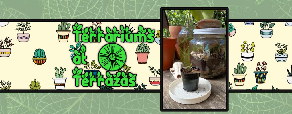 Decorative banner image with the name of the program with illustrations of plants and a photograph of a terrarium.