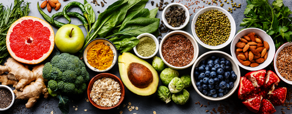 fresh foods displayed on table
