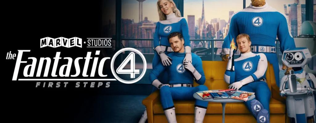 Promotional image for the movie "Fantastic Four: First Steps" showing the main characters sitting on a couch.
