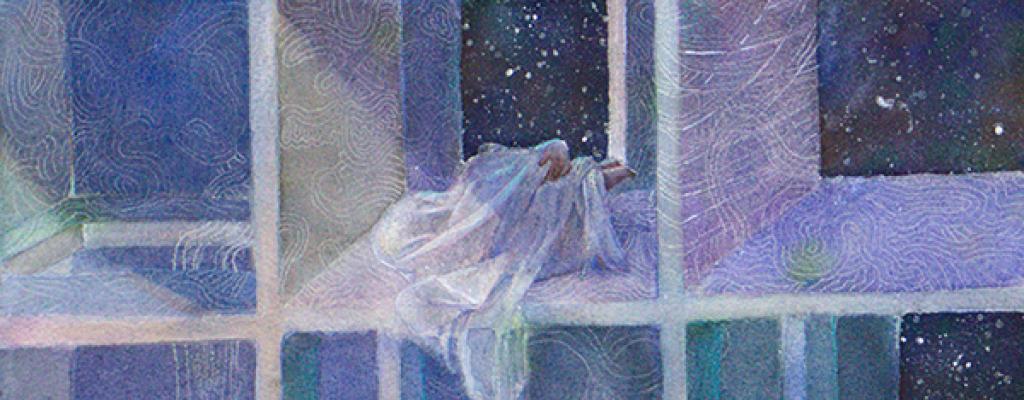 Figure draped in white flowy fabric laying in cubicle structure in outer space like atmosphere