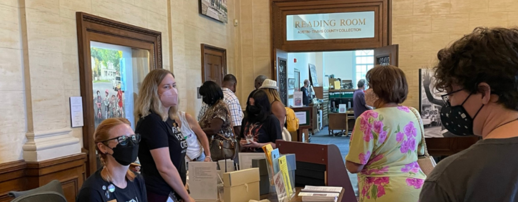 AHC staff and visitors in the lobby during Austin Museum Day, 2022