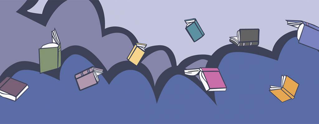 books on a stormy cloud background