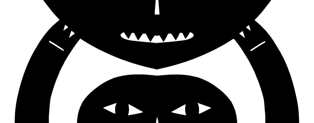 black paper cut to look like a person, from the chest up, is holding up a smiling cat like mask