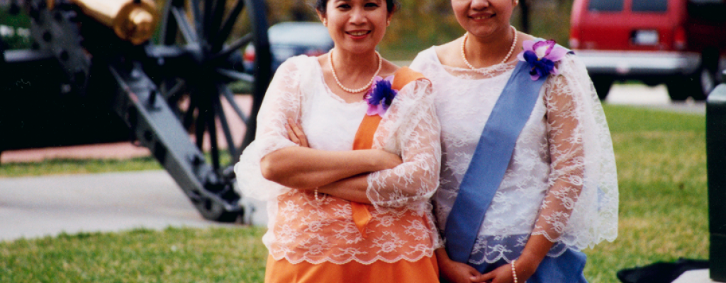 Two Filipino women with text Perlas ng Austin