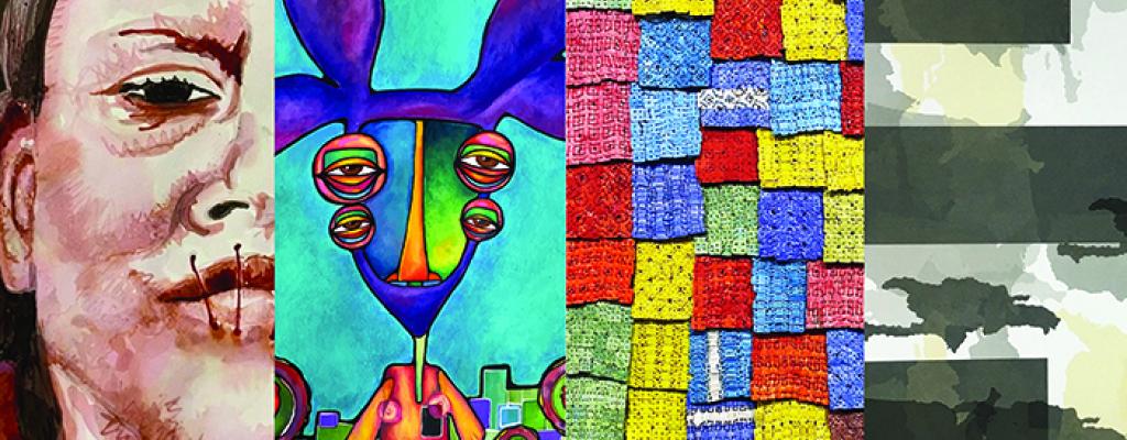 Human face, surreal rabbit like figure, african beads in bright colors, map of DR and USA