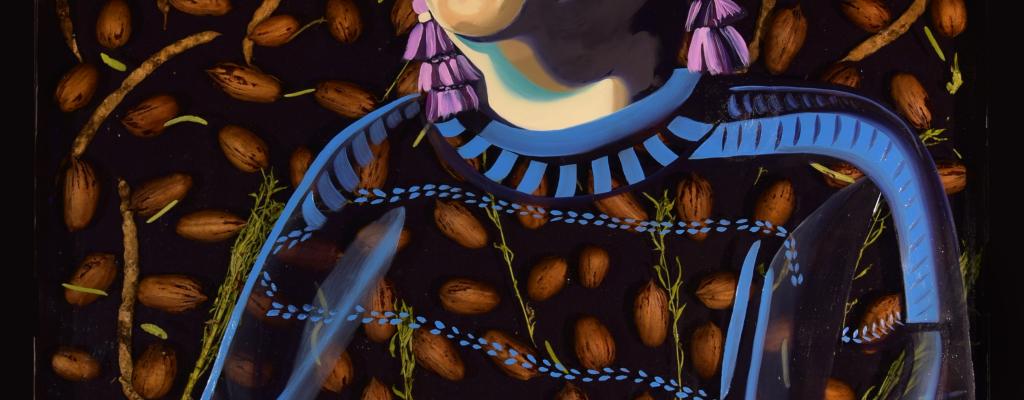 Oil painting, pecans, and mesquite pods, portrait by Suzy González