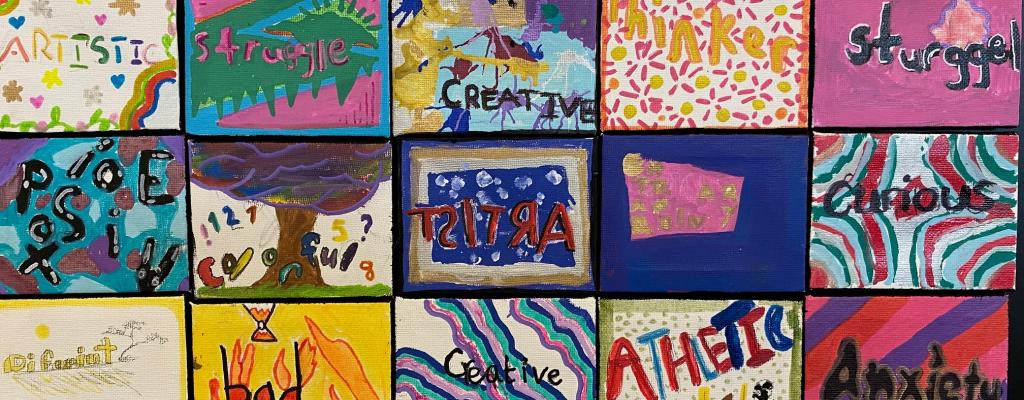 colorful squares with abstract shapes and text describing feelings of living with dyslexia