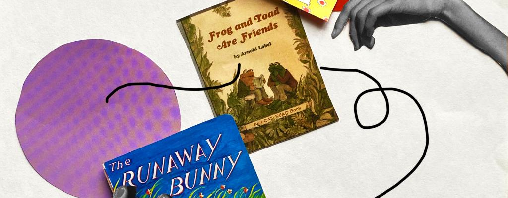 Two hands reaching for a line of three books, red and purple circular designs in the background