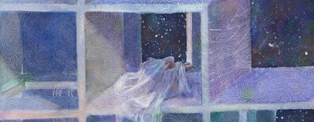 six cubes stacked in an asymmetrical pattern, painted with watercolor. A figure like image lying in one cube and starry night sky in the background