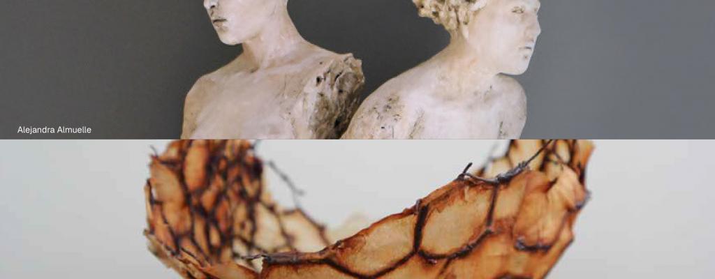Vertical grid of four artists work including photo collage, figurative sculpture, and beeswax