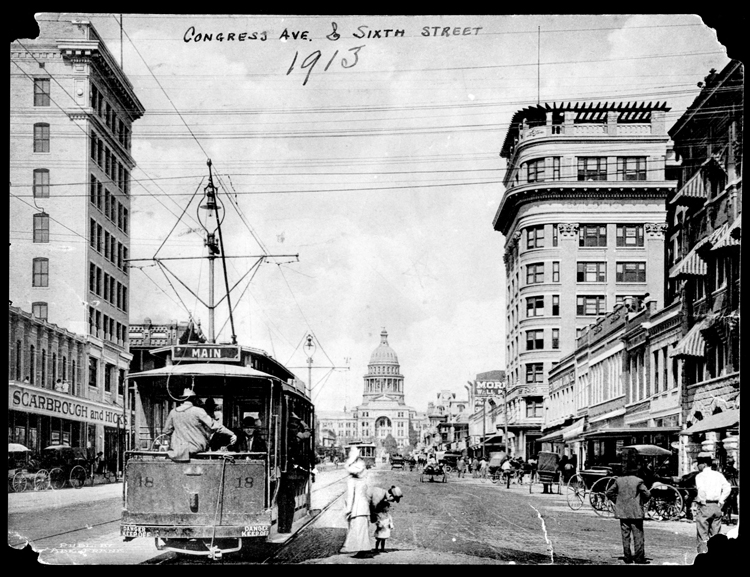 Looking north up Congress Avenue toward the Capitol Building from 5th Street; taken in 1913.