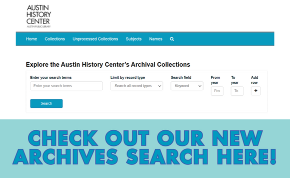 graphic with large blue letters saying "Check out our new archives search here!" over a background image of a screenshot of the ArchivesSpace public interface