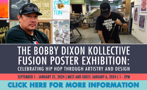Images of Bobby Dixon and graphics advertising The Bobby Dixon Kollective Fusion Poster Exhibition.